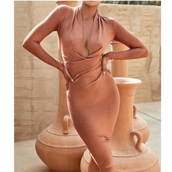 House of CB Dresses & Skirts - House of CB Francesca Wrap Plunge Bodycon Midi Dress Size S